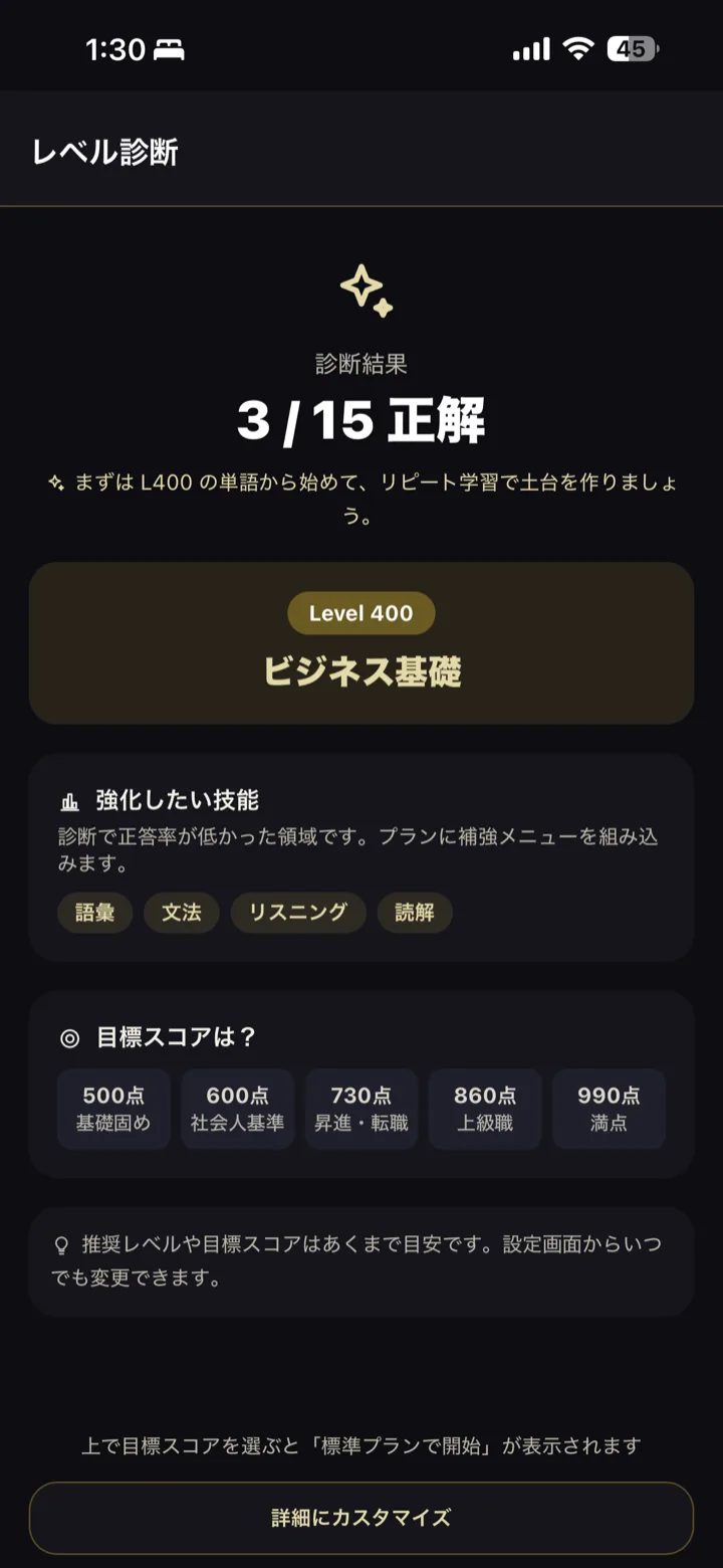 レベル診断 — 15問で現在地と苦手を判定