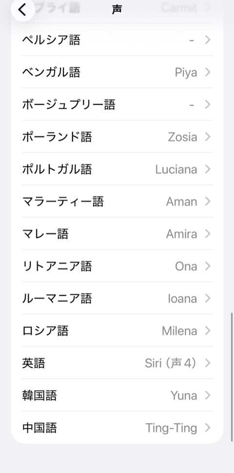 声の言語一覧から英語を選ぶ