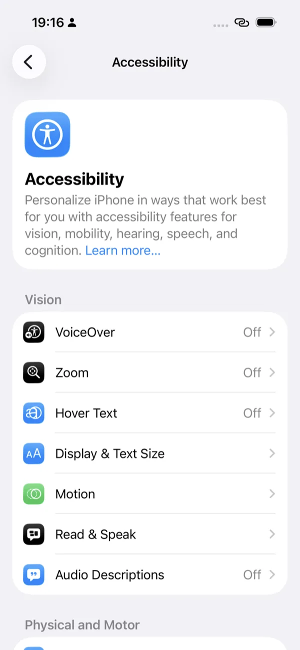 The Accessibility screen; under the Vision heading is the Read & Speak row with a speech-bubble icon