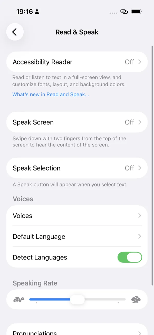The Read & Speak screen with the Voices row under the Voices heading