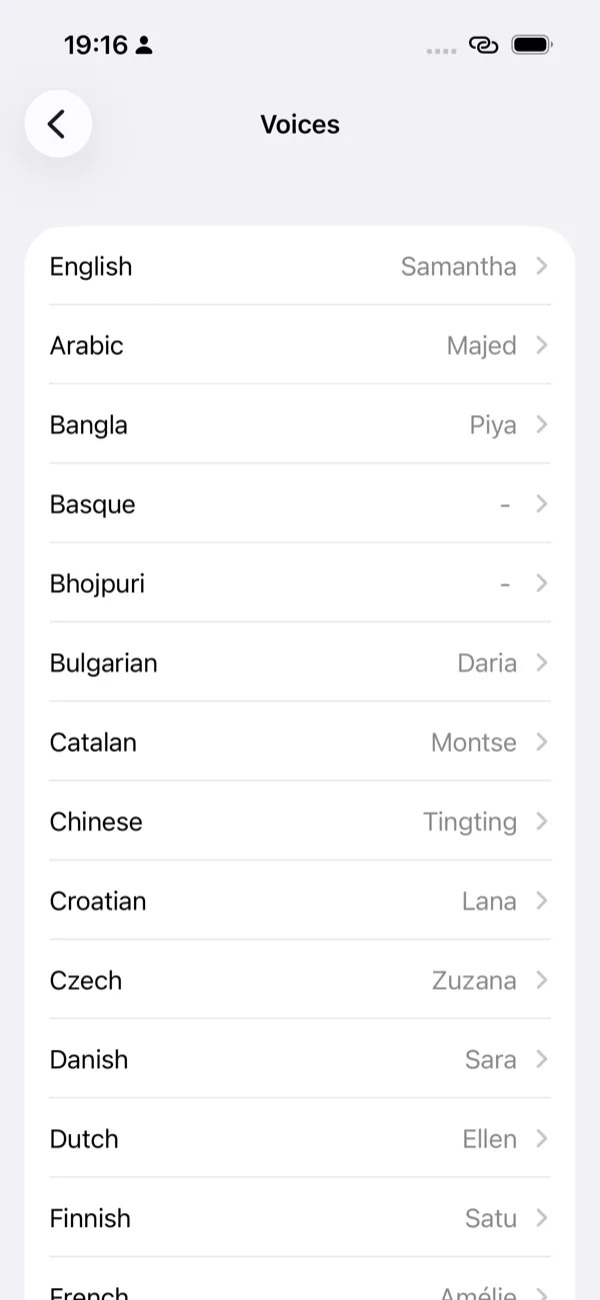 The Voices screen listing languages alphabetically — English, Arabic, Bangla and so on — each with its current voice