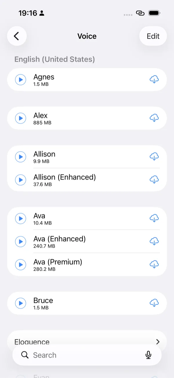 A voice list with a play button and a cloud download icon per voice; some voices are marked Enhanced or Premium with their download sizes